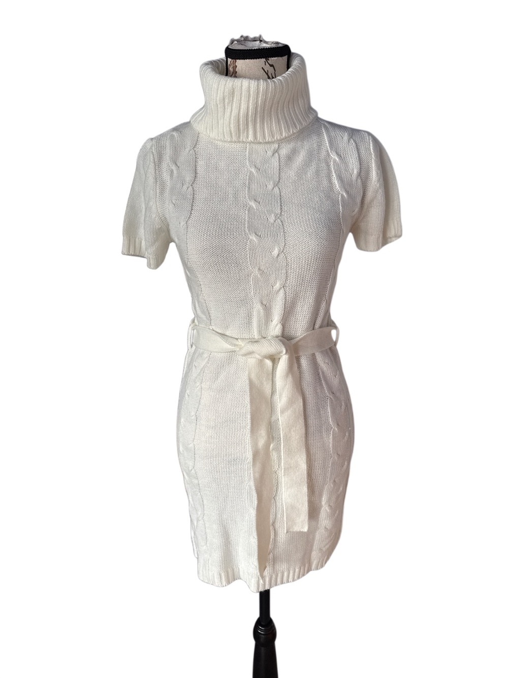 Sixteen Cream Cable Knit Turtleneck Mini Dress with Belt